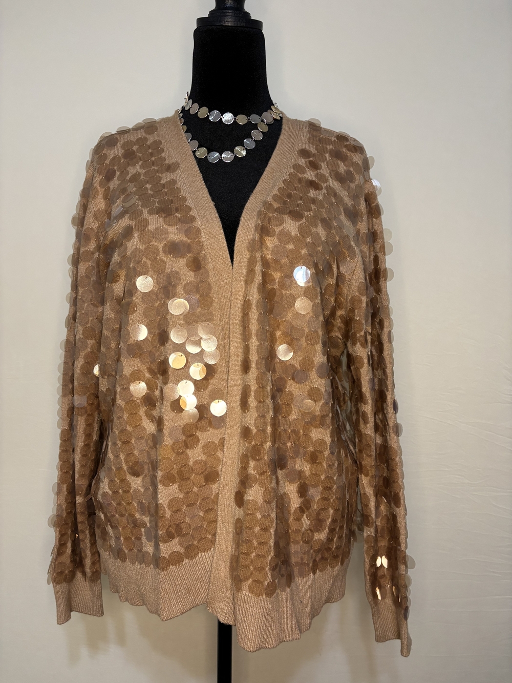 CHICO'S Clear Sequin Open-Front Cardigan Sweater Camel Gold Knit - Size XL